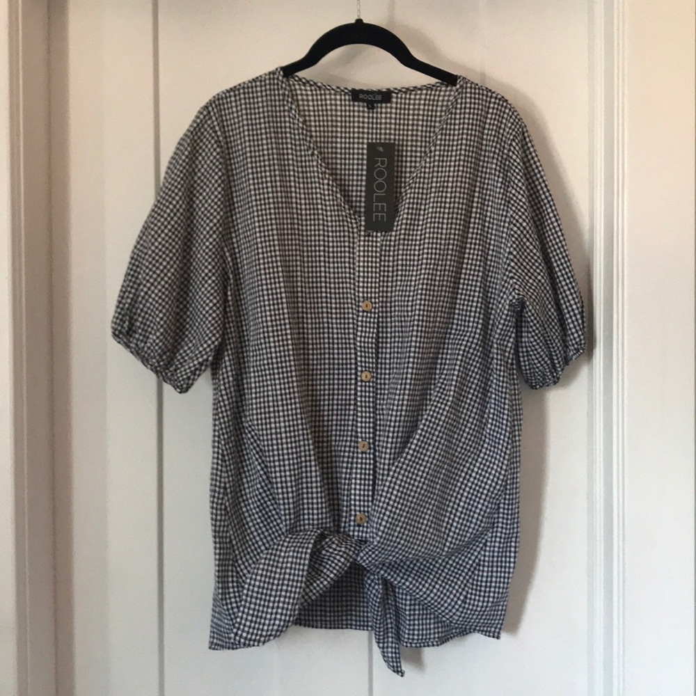 Roolee black and white gingham blouse, ties